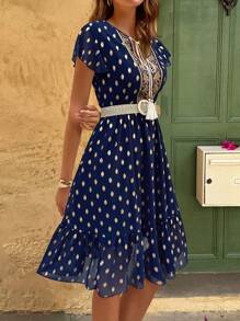 Selianne Women's Pattern Boho Style Deep V-Neck Ruched Waist Floral Print Dress - Navy Blue - View 5