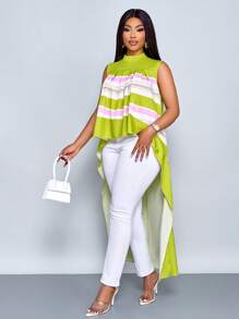 SOLERSUN Women's Plus Size Solid Color Striped Print Asymmetric Hem Sleeveless Blouse, Elegant For Spring/Summer Vacation - Green - View 1