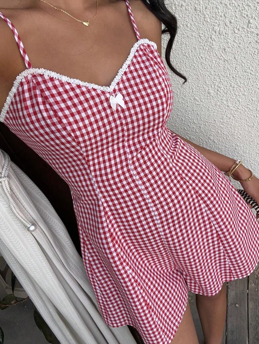 Sunnyshic Retro Red Plaid Lace Patchwork Backless Spaghetti Strap Fitted Romper, Waist Cinched, Short Style, Chic For Spring And Summer - Red - View 1