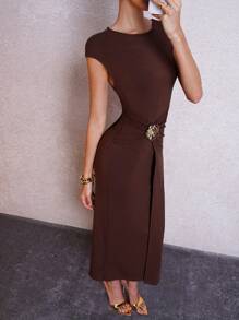 Lavishia Women Metal Button & Twist Detail Waist Dress, Elegant Crew Neck Long Sleeve Casual Everyday Wear Commute Dress,Business Casual Woman,Summer Dresses For Women