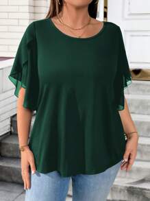 EMERY ROSE 大码女式圆领短袖休闲宽松T恤，带有设计细节，适合日常穿着 - 墨綠色 - 查看 1
