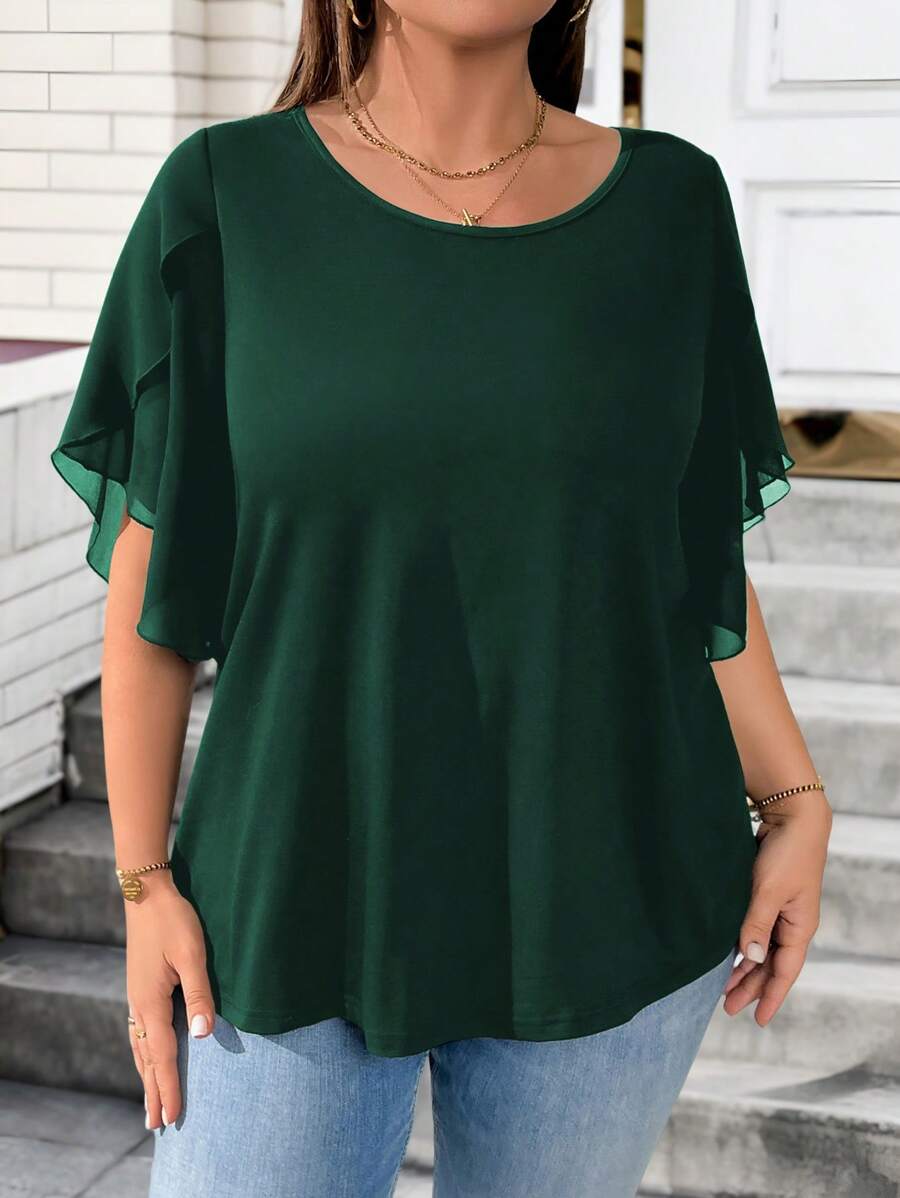 EMERY ROSE 大码女式圆领短袖休闲宽松T恤，带有设计细节，适合日常穿着 - 墨綠色 - 查看 1