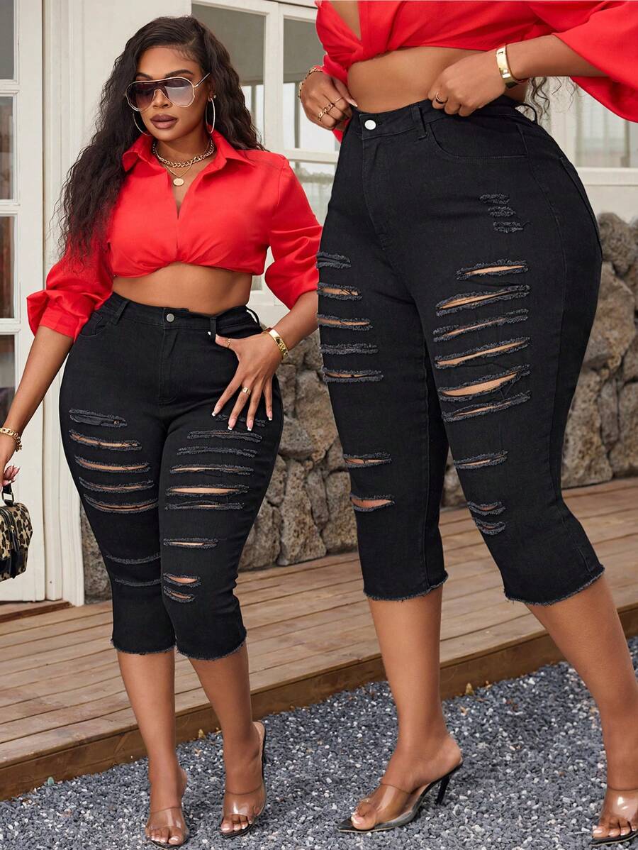 大码女式牛仔风格弹力破洞紧身七分牛仔裤 - 黑色 - 查看 1