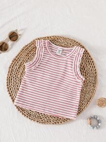 SHEIN Vintaside Kids 3 件套女婴夏季简约百搭甜美可爱柔软弹力休闲套装，包括纯色和条纹背心/马甲，适合居家、度假、日常穿着 - 彩色 - 查看 7