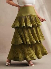 Anewsta 女式橄榄绿加大码高腰加长褶皱 A 字裙，休闲度假、节日、复活节、春季