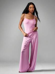 MISSGUIDED Lace Trim Camisole Lounge Set With Wide Leg Pajama Pants Sleepwear Nightwear Set Relaxed Fit Loungewear Silky Soft Comfort - Pink - View 3