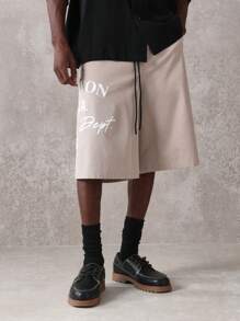 SUMWON North La Creative Department Athletic Shorts Casual Summer Streetwear Relaxed Fit Basketball Training Workout Shorts With Text Print Design - Khaki - View 4