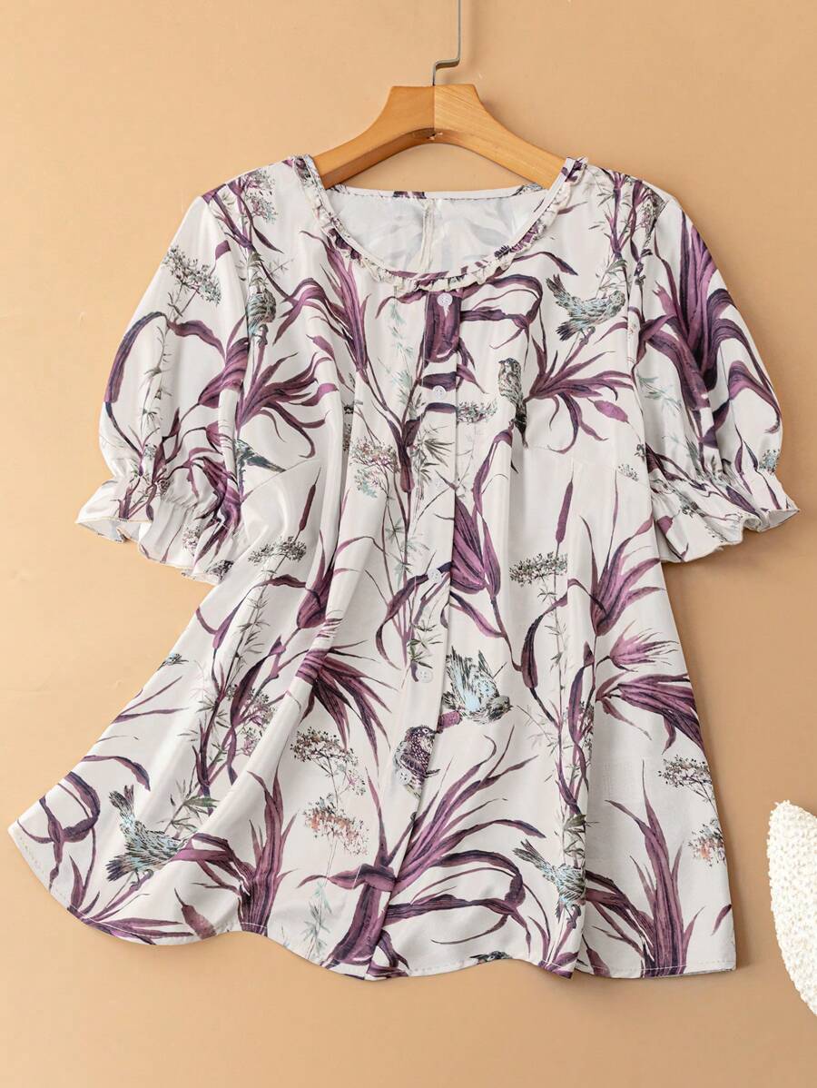 Linhara Women Plus Size Allover Print Round Neck Single-Breasted Casual Shirt - Purple - View 1
