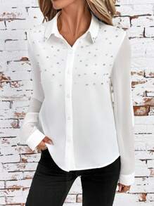 SHEIN Clasi Blusa elegante in stile francese da donna con decorazioni in perle, per l'estate