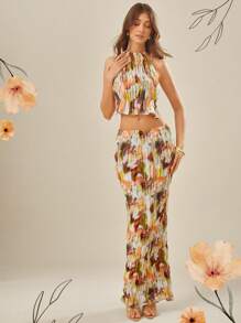 L'Amorae Falda maxi larga con estampado de teñido anudado para mujer, de moda para vacaciones