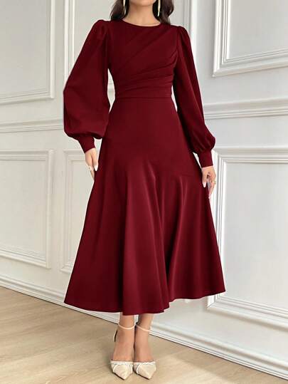 Modelyn فستان أنيق طويل متوسط الطول للنساء بأكمام كُمّيّة وياقة مستديرة، بتجاعيد، لون أحمر أرجواني داكن، فساتين سهرة طويلة خريفية