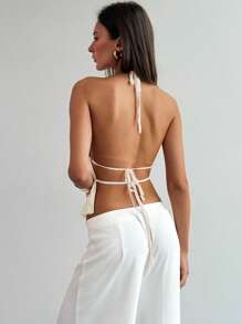 Aloruh New Sexy Open Back Lace-Up Design Sweet Ruffled Jacquard Sexy Slit Pink Halter Halterneck Top - Apricot - View 2