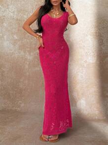 EURMUSE Women Solid Color Hollow Out Long Knit Cover Up - Pink - View 6