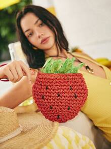 SHECARRY Straw Bag Summer Bag Beach Bag Vacation Holiday Novelty Bag Strawberry Design Multicolor - Red - View 8