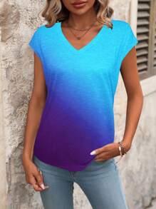 EMERY ROSE Ombre V-Neck Casual Short Sleeve T-Shirt, Suitable For Summer - Multicolor - View 3