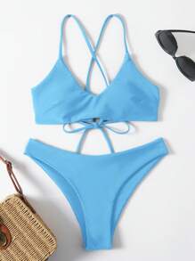 Swim Basics 女款純色細肩帶分體式比基尼泳衣，三角泳褲，無鋼圈，適合夏季海灘度假 - 淺藍色 - 查看 1