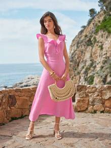 MOTF PREMIUM WOMEN'S 100% LINEN RUFFLE TRIM MIDI DRESS, SUMMER VACATION