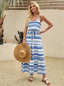 EMERY ROSE Women Summer Vacation Striped Ruffle Hem Spaghetti Strap Bohemian Style Dress - Blue - View 5