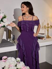 Modelyn Vestido de tirantes largos sin hombros con volantes y rayas de alga marina, elegante y romántico estilo ajustado para mujeres - Rojo violeta - Ver 3