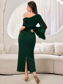 Modelyn 女士优雅不对称领口流苏袖口连衣裙，适合派对 - 墨綠色 - 查看 2