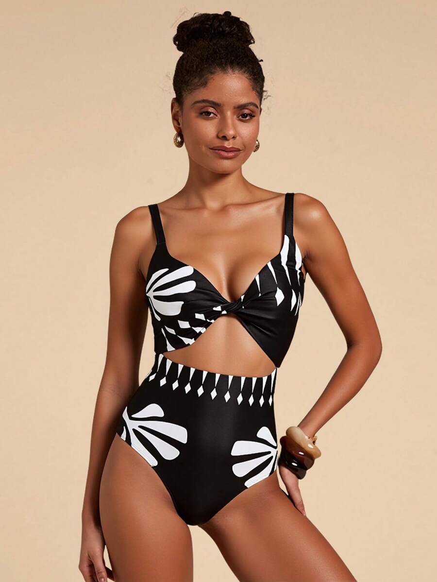 Travachic 1pc Women's Stylish Spaghetti Strap One-Piece Swimsuit, Suitable For Summer - Black and White - View 1