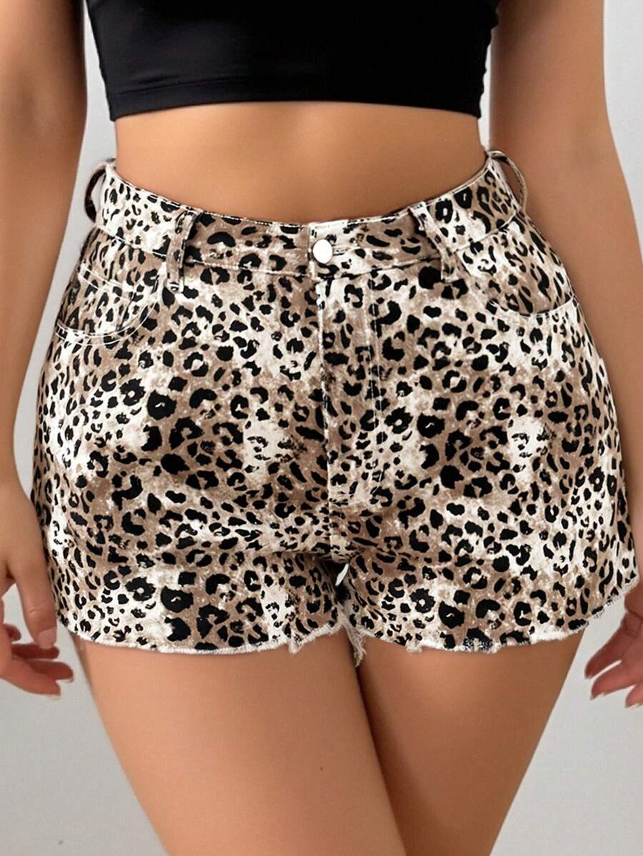 SHEIN ICON 大码女式时尚豹纹破洞牛仔短裤 - 彩色 - 查看 1