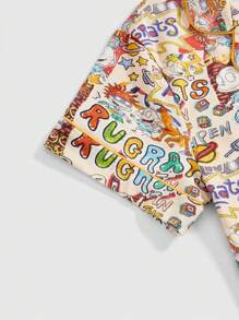 Nick 90's X ROMWE 卡通图案衬衫式短袖上衣和短裤 100% 纯棉睡衣套装 - 彩色 - 查看 4