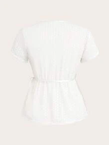 SHEIN Unity Plus Size Women Hollow Out V-Neck Lace Trim Decorated T-Shirt - White - View 2