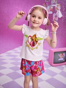 The Winx X SHEIN Young Girl Summer 2pcs Outfit Cartoon Girl Glitter Star Cap Sleeve Top & Heart Full Print Pink Bow Shorts