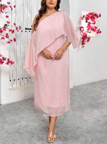 SHEIN Privé Damen Große Größen elegantes Chiffon Jacquard Party MIDI Kleid Französischer Urlaub - Pink - Übersicht 3