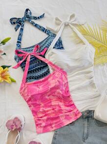 Soleia Casual Summer Beach Wedding Guest Dress, Graduation Brunch Wear, St. Patrick's Day Spring Break Easter Festival Music Festival Elegant Bohemian Tropical Bowknot Up Textured Printed Striped Halter Neck Cami Top