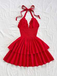 Soleia 全新休闲度假西部海滩婚礼宾客服装，毕业早午餐，圣帕特里克节春假，复活节音乐节，优雅波西米亚风热带露背荷叶边系带迷你连衣裙，适合情人节、万圣节、圣诞节 - 紅色 - 查看 2