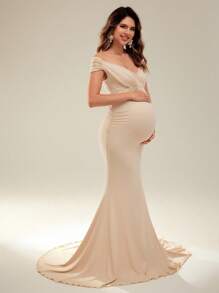 Cheriluna Maternity Women Maternity Fashionable & Comfy Criss-Cross V-Neck Draped Hem Dress For Maternity Photoshoot - Apricot - View 6