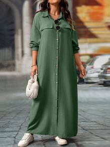 EMERY ROSE Plus Size Women's Solid Color Drop Shoulder Loose Casual Shirt Dress, Spring/Fall Maxi Women Outfit - Army Green - View 6