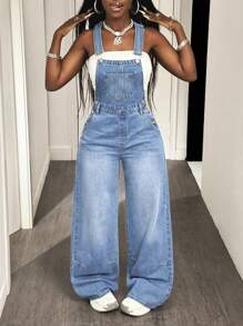 Slaydiva سراويل بيب جينز فضفاضة مغسولة كاجوال للنساء