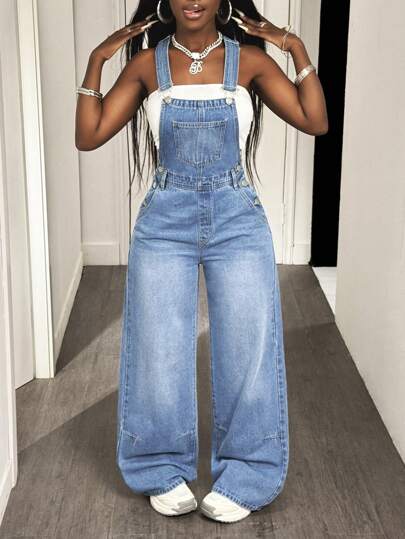 Slaydiva Women's Casual Washed Loose Denim Bib Pants