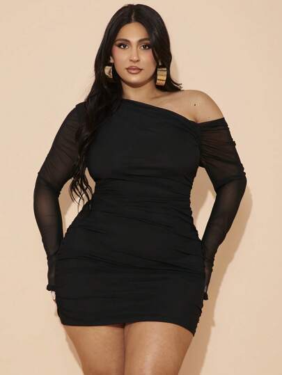 SHEIN BAE Vestido ajustado de manga larga con cuello asimétrico y plisado en red para mujer de talla grande, sexy y adecuado para uso casual, salidas, citas, té de la tarde, vacaciones, atuendos para Coachella, Nashville y la playa, vestidos de malla, atuendos para brunch y graduación