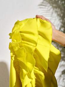 Slaydiva Plus Size Mustard Yellow Tiered Sundress: Casual Woven Spaghetti Strap Mini Dress For Summer - Mustard Yellow - View 9