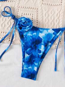 Swim Vcay Floral Print Handmade 3D Flower Decorated Women Bikini, Vacation Beach Holiday Party Swimwear, Summer - Blue - View 5