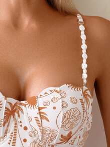 SHEIN Swim 1 件女士棕榈树印花休闲细肩带连体泳衣 - 彩色 - 查看 4