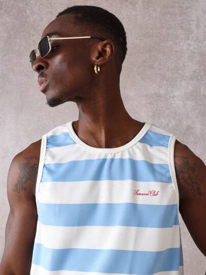 SUMWON Summer Club Tank Top Sleeveless Vest Casual Beach Athletic Sporty Retro Sailing Swimming Holiday Resort Island Striped Minimal Tank