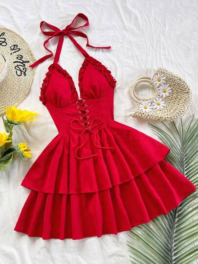 Soleia 全新休闲度假西部海滩婚礼宾客服装，毕业早午餐，圣帕特里克节春假，复活节音乐节，优雅波西米亚风热带露背荷叶边系带迷你连衣裙，适合情人节、万圣节、圣诞节