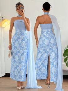 SHEIN Unity Gaun Pesta Seksi Slim-Fit Tanpa Tali - Biru - View 1