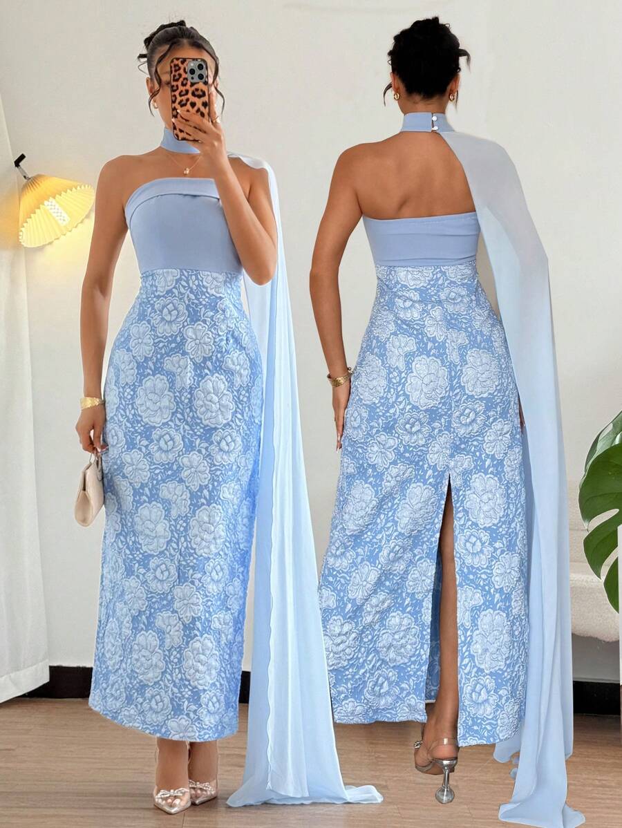 SHEIN Unity Gaun Pesta Seksi Slim-Fit Tanpa Tali - Biru - View 1