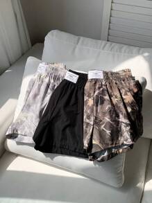 Comfortcana 3pcs Plus Size Solid Color & Tree Branch Print Shorts, Simple Versatile Comfortable Casual Wear Shorts Y2k Camo Shorts,Holiday Outfits For Women