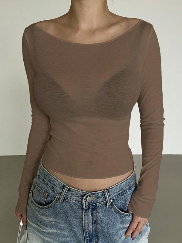DAZY 1 Stück Damen Herbst Neuankömmling Off-Shoulder figurbetontes T-Shirt mit transparenten Langärmeln Damen Oberteil