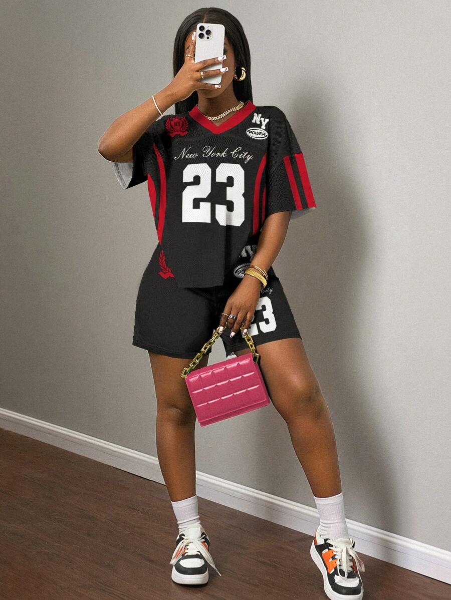 Slaydiva 2pcs/Set Women's Casual Letter Print Short Sleeve T-Shirt And Shorts Sports Outfit, Suitable For Summer - Multicolor - View 1