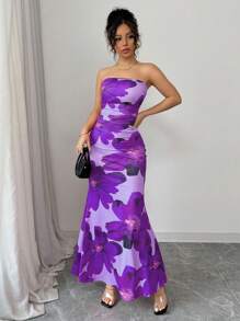 Rafferiza 女士优雅花卉印花长款背心裙 - 紫色 - 查看 3