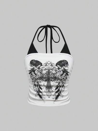 Grunge Punk Top canotta da donna con scollo a barca, contrasto di colore e teschio, versatile