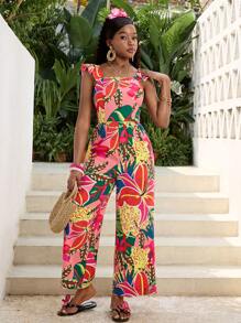 SHEIN Teen Girl Floral Print Square Neck Cap Sleeve Wide Leg Jumpsuit, Suitable For Vacation, Music Festival, Bohemian, Holiday, Date And Afternoon Tea